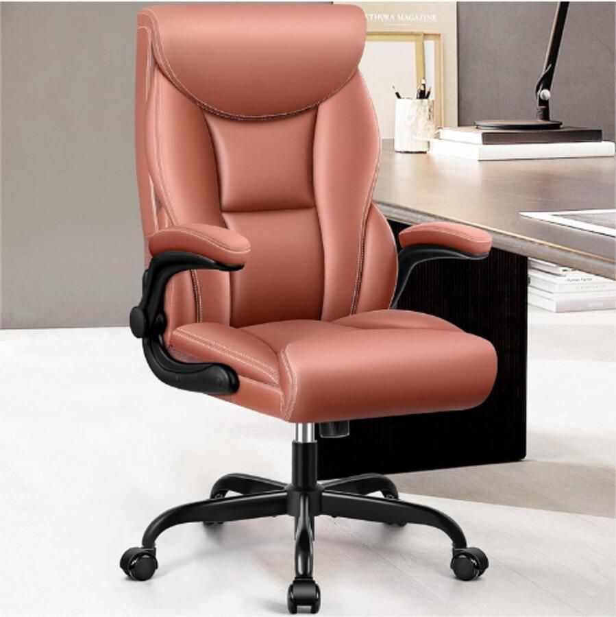 PEAM Luxe Ergonomische Bureaustoel Grote En Hoge Managersstoel Comfortabele PU-Lederen Draaistoel Met Schommelfunctie Verstelbare Computerstoel Mat Bruin - Foto 2