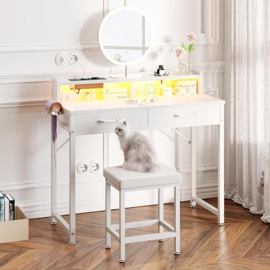 PEAM Luxe Make-uptafel Met LED Verlichting En Kruk – Instelbare HelderheidV 2 AC-Stopcontacten En 2 USB-Poorten (80 x 39 8 x 91 cm Wit)