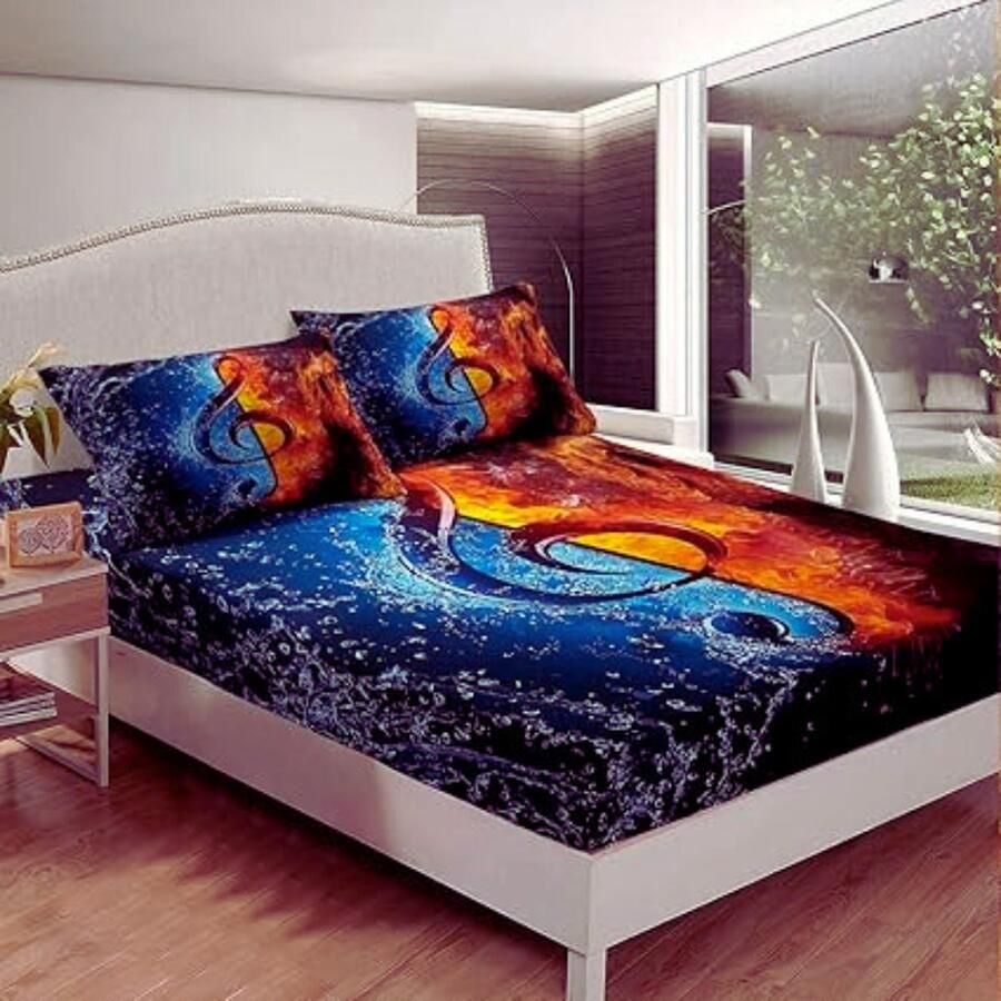 PEAM Luxe Muzikaal Thema Beddengoed Set Water Vlam Muziek Patroon Hoeslaken Plat Laken & Kussenslopen Voor Kids Hipster Bed Cover Voor Jongens En Meisjes (King)