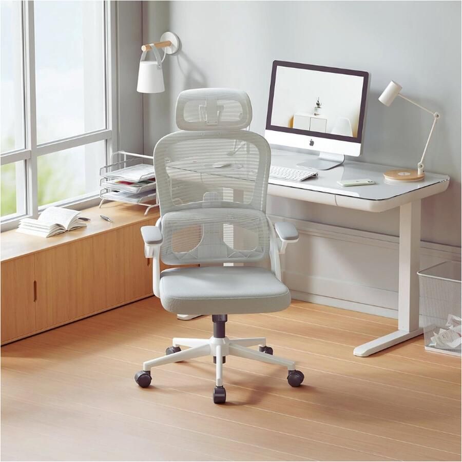 PEAM M102C Ergonomische Bureaustoel Met Netrug Verstelbare Lendensteun Hoofdsteun Bureaustoel Met Draaifunctie Voor Kantoor En Thuis Wit