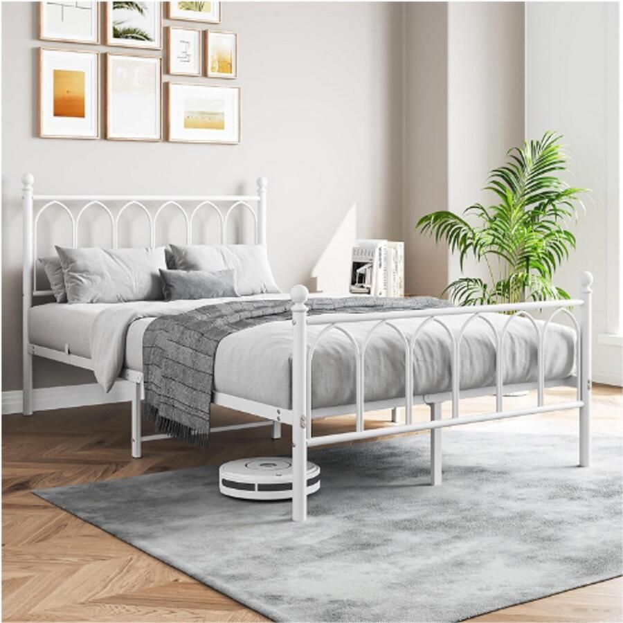 PEAM Metalen Bedframe 120x200 cm Wit Stevig Logeerbed Met Hoofdeinde Tweepersoons Eenpersoonsbed Voor Slaapkamer & Logeerkamer