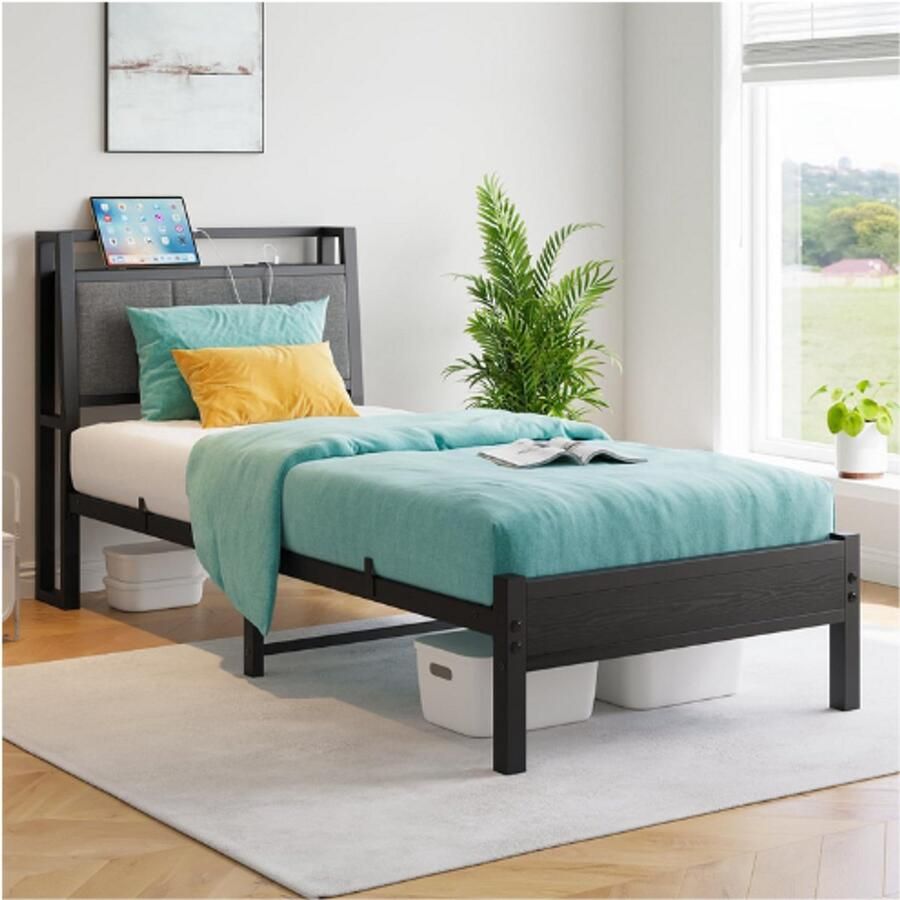 PEAM Metalen Bedframe Met Laadstation Robuust Bed Met Houten Hoofdeinde & Opbergruimte Modern Logeerbed Tienerbed Eenpersoonsbed 90 x 200 cm Zwart
