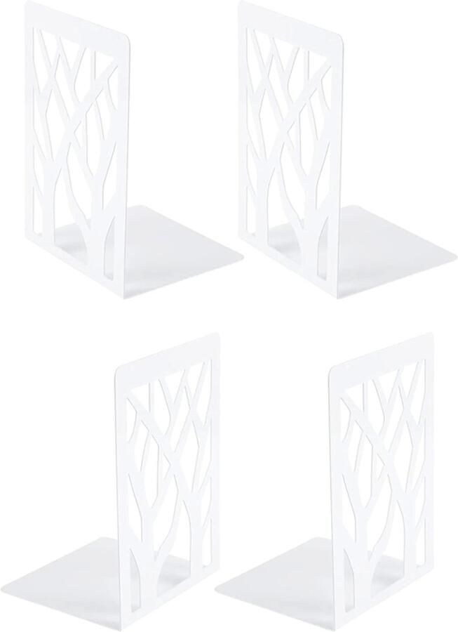 PEAM Metalen Boekensteunen Voor Zwaar Gebruik Lre Co. 2 Paar Decoratieve Boekenstop In Boomvorm Antislip Bureau Boekensteunen Steunstandaard Voor Kantoren Scholen Verdeler Planken Bespaar Ruimte (Wit)