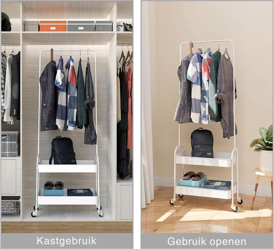 PEAM Metalen Kledingrek Kledingrail Op Wielen Kledingrek Opslag Trolley Rollende Kar Vrijstaand Heavy Duty Kledingrek Coat Rail Displaystandaard Met 2 Niveaus Opbergplank Wit