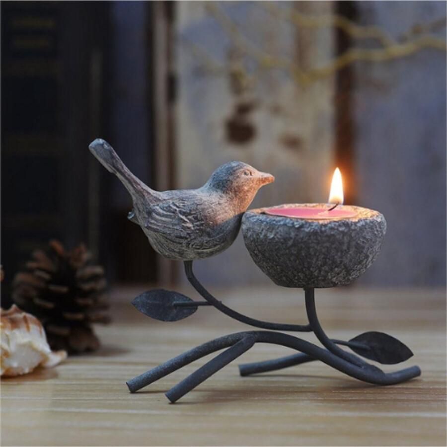 PEAM Metalen Votief Kandelaars Decoratieve Theelichtkaarsenstandaards Voor Tafel Vintage Woondecoratie Middelpunt Kenmerken Vogel Nest En Boom (Grijs Zwart)