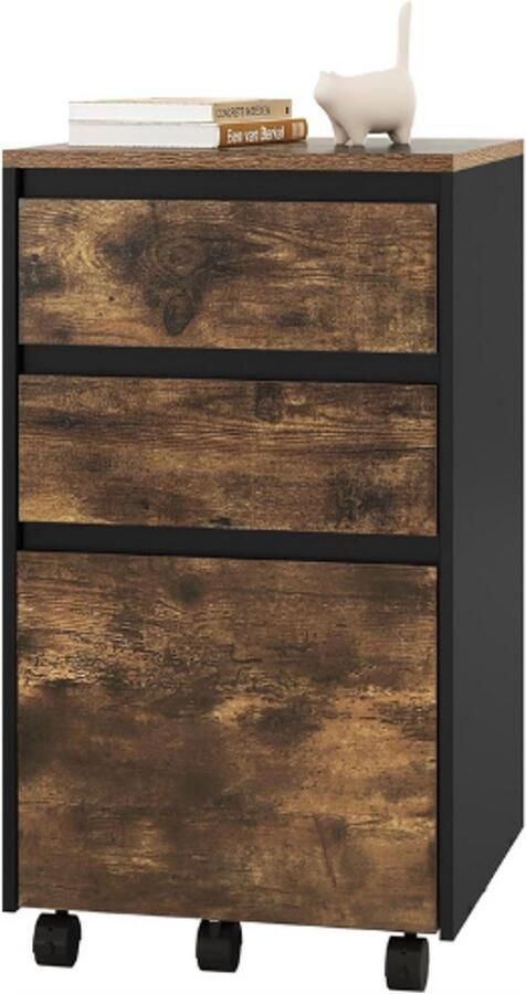 PEAM Mobiele Archiefkast Met 3 Laden Rolcontainer Met Wielen Kantoor Opbergkast Voor Ordners Donker Eiken-Zwart 40 x 70 x 40 cm