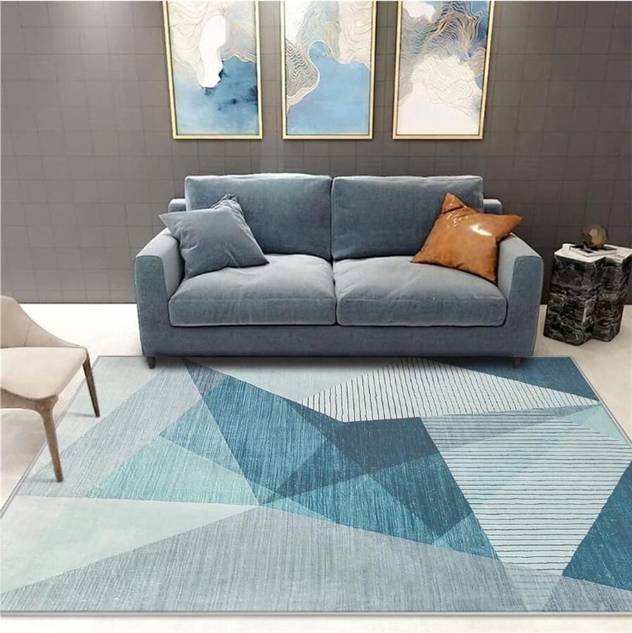 PEAM Modern Geometrisch Vloerkleed Antislip Laagpolig Tapijt Voor Woonkamer En Slaapkamer Zacht Blauwgrijs Tapijt 120 X 160 Cm