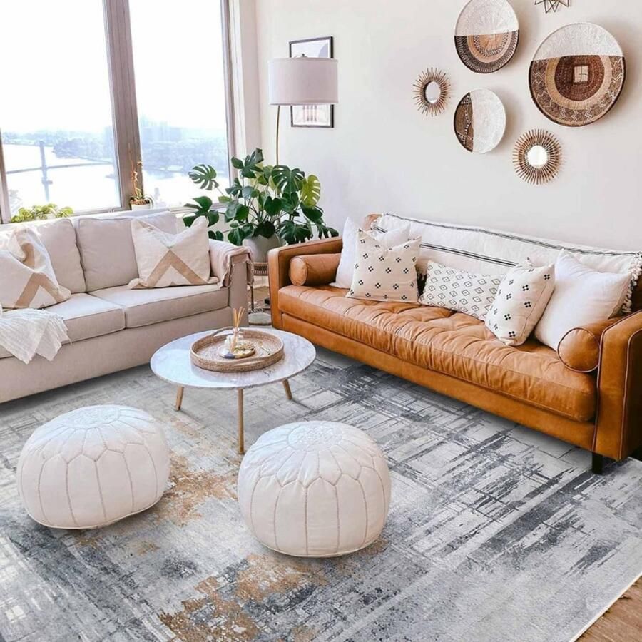 PEAM Modern Laagpolig Vloerkleed Zacht & Antislip Tapijt 200x250cm (Grijs Goud) Voor Woonkamer & Slaapkamer