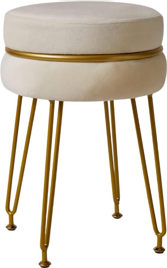PEAM Moderne Fluwelen Ronde Voetenbank – Make-upstoel Met Gouden Poten – Luxe Voetsteun Voor Slaapkamer Woonkamer Entree En Kantoor – Crèmewit