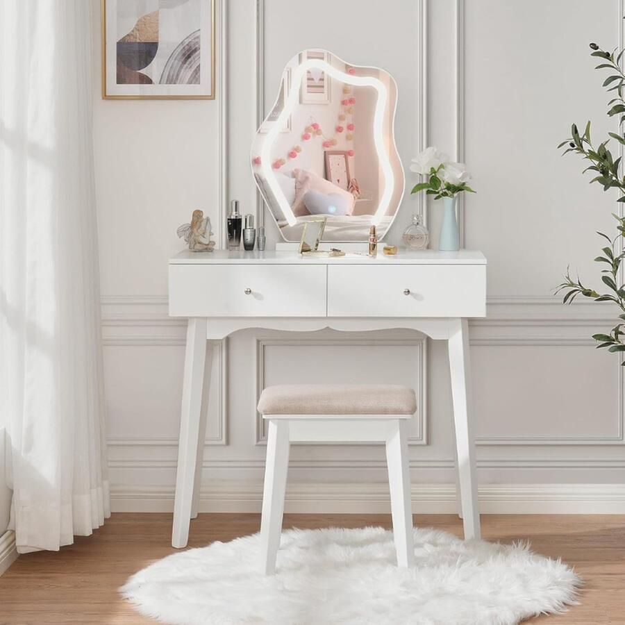 PEAM Moderne Make-Uptafel Met Verlichting En LED Spiegel Dimbare Functie Gevoerde Kruk En Grote Frameloze Spiegel Beschikbaar In 3 Kleuren (BDT52W)