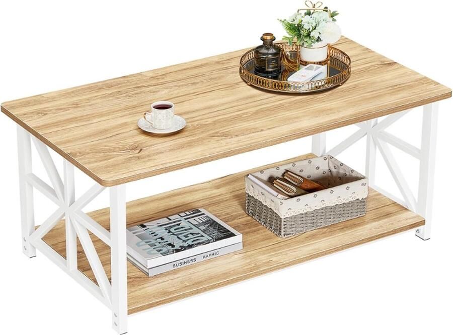PEAM Stijlvolle Ronde Salontafel 100 cm Design Center Tafel met 2-Tier Opslagplank En X-Frame Voor Woonkamer En Thuiswerkplek Eikenhout
