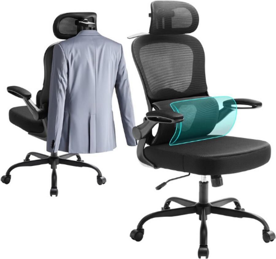 PEAM N56 Ergonomische Bureaustoel Dynamische Lendensteun Dikke Zachte Zitting Multi-Instelbare Hoofdsteun Comfortabele Bureaustoel Voor Kantoor En Thuiswerkplek Zwart