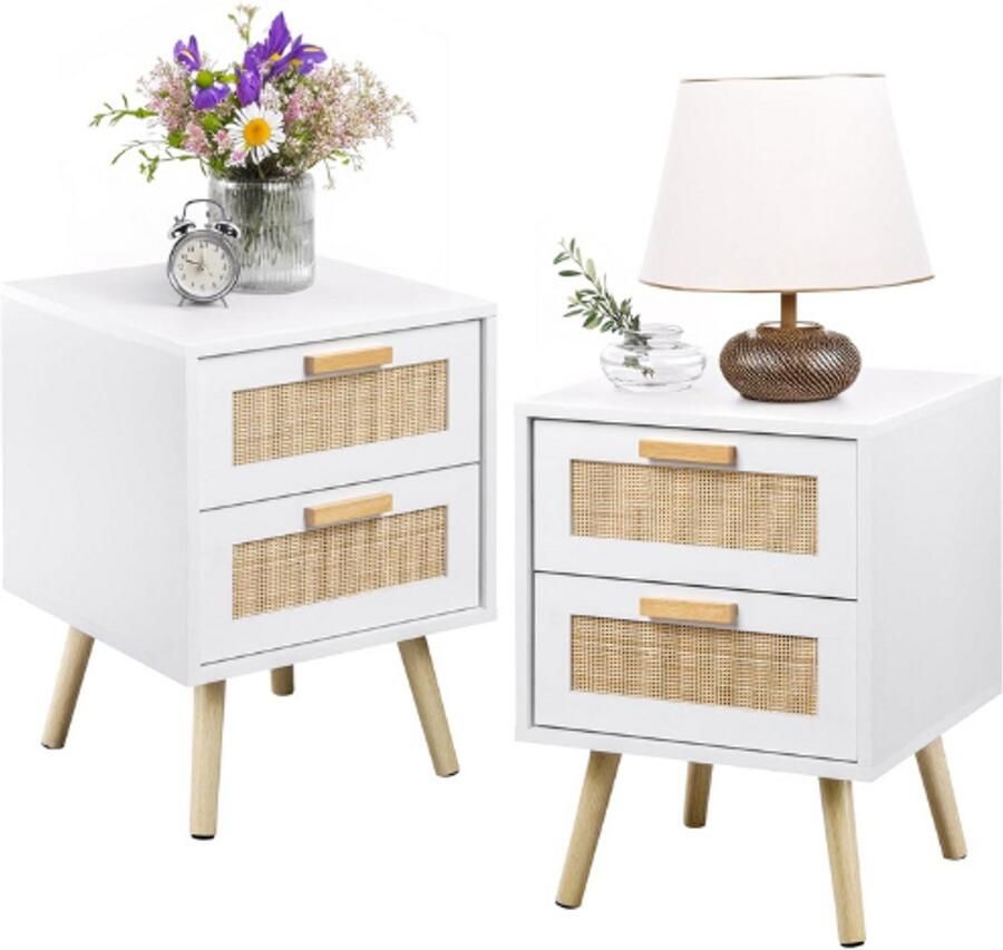 PEAM Nachtkastje Set van 2 Bijzettafel met 2 Handgemaakte Rotan Lades Houten Nachtkastjes met Opbergruimte voor Slaapkamer Wit