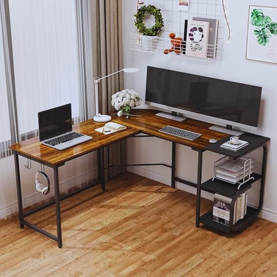 PEAM Omkeerbaar L-Vormig Hoekbureau Met Planken En Hoofdtelefoonhaak Gamingbureau En Laptoptafel Voor Thuiskantoor Teak + Zwart