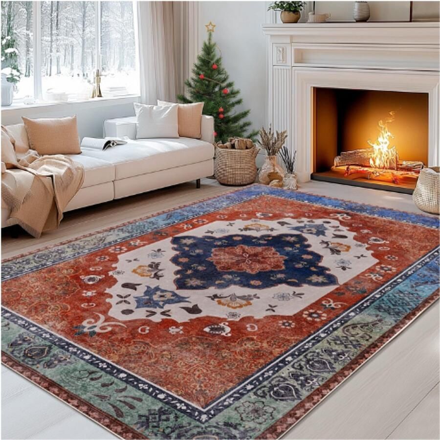 PEAM Oosters Tapijt Vintage Boho Vloerkleed 60 x 110 cm Wasbaar Antislip Laagpolig Rood Patroon Voor Woonkamer Slaapkamer Keuken Eetkamer Buiten Super Zacht Tapijt