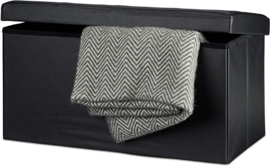 PEAM Opbergbank Opvouwbaar Kunstleer 2-Zits Stabiel Tot 300KG Met Deksel HBD 38 x 76 x 38 CM Zwarte Kleur