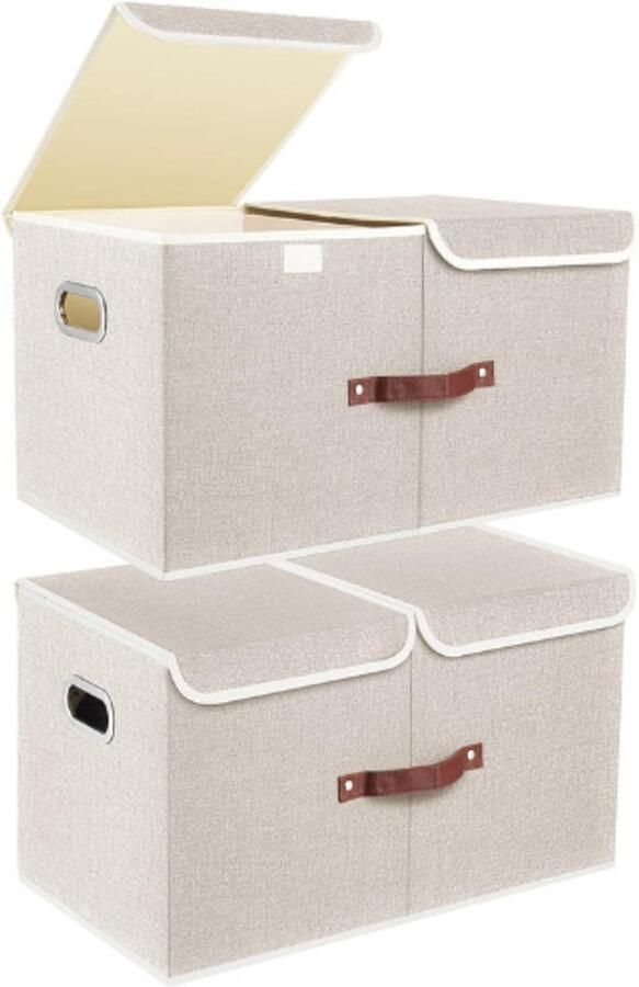 PEAM Opbergdoos-Met-Vakken-En-Deksels-Stoffen-Opbergbak-Opvouwbaar-Wasbaar-55x33x30-Cm-Set-Van-2-Beige