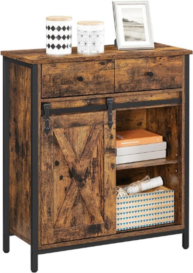 PEAM‎ ‎ Opbergkast Dressoir en TV-Kast Vrijstaande Vloerkast met 1 Lade en Schuifdeur Industrieel Rustiek Bruin en Zwart