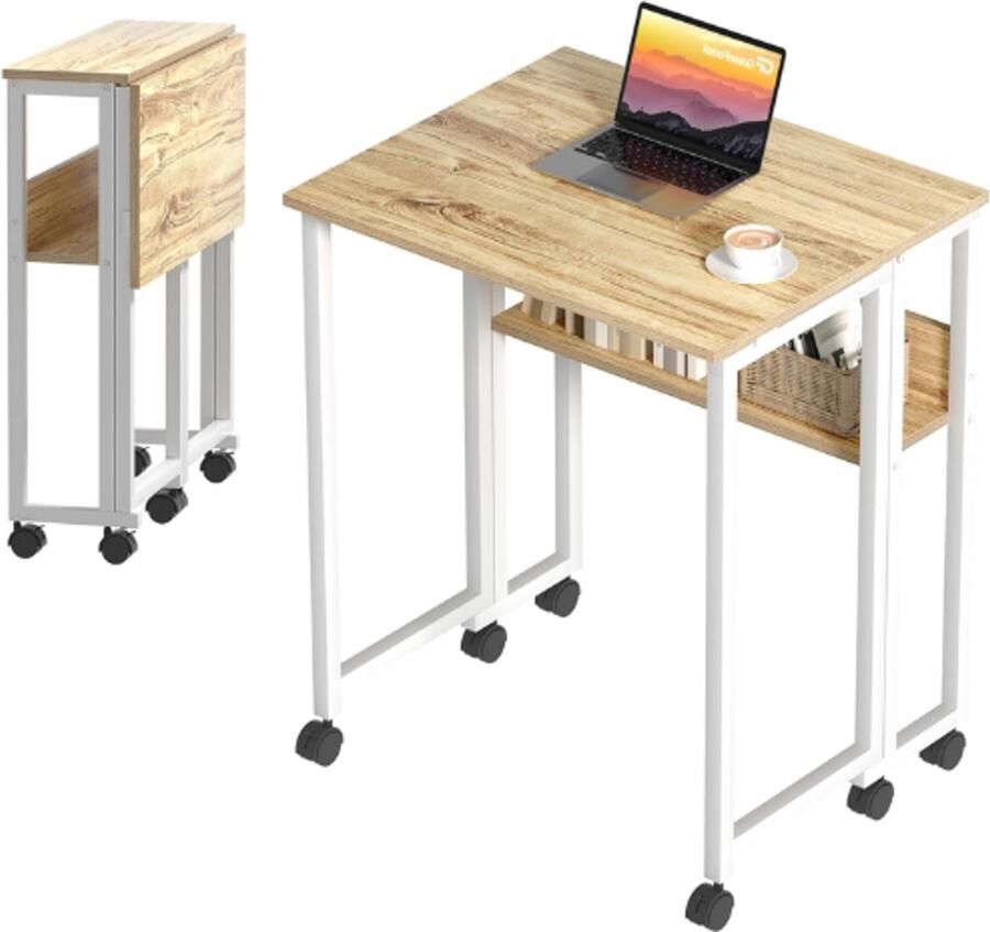 PEAM Opvouwbaar Bureau Klein Oprolbaar Bureau met Opbergplank 63 CM Opvouwbaar Computer Bureau met Wielen Voor Kleine Ruimte Eenvoudige Montage Beige