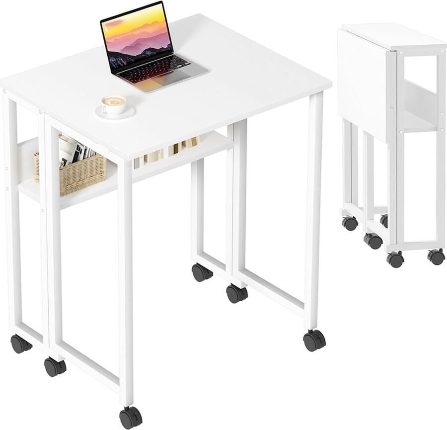 PEAM‎ ‎ Opvouwbaar Bureau Met Opbergplank En Wielen Compact Computerbureau Voor Kleine Ruimtes 80 CM Wit