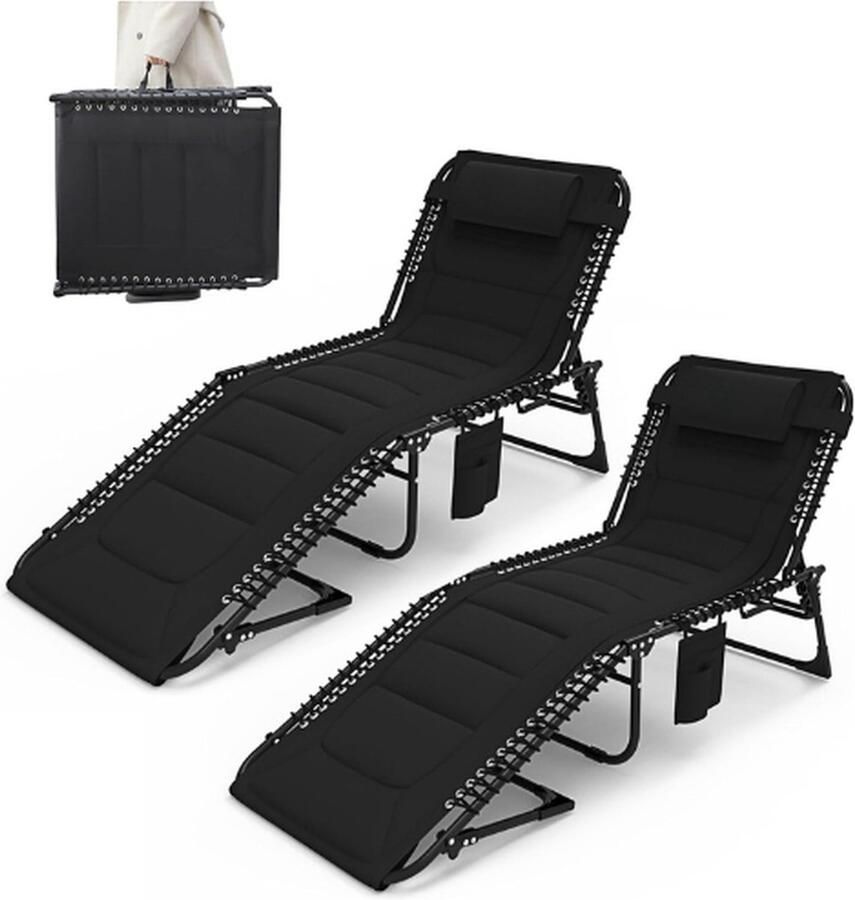 PEAM Opvouwbare Ligstoel Kussen Set Van 2 Ligstoel 5 Verstelbare Draagbare Lounge Stoel Belastbaar Tot 150 Kg Camping Opvouwbaar Bed Met Kussen Zijzak 190x59cm Zwart