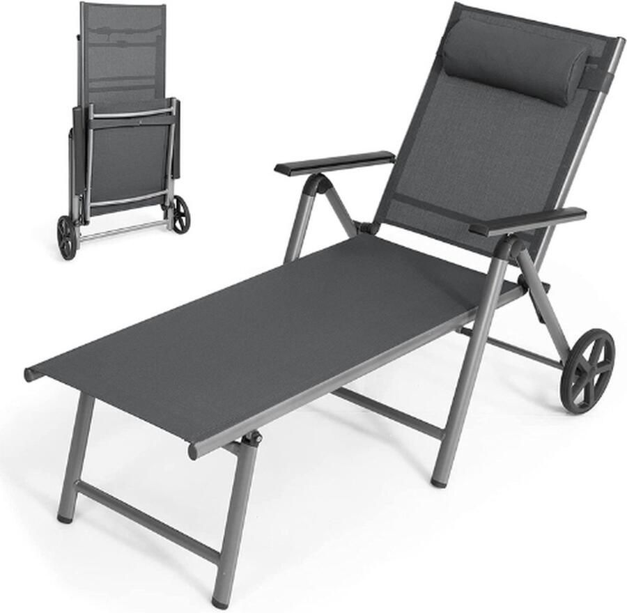 PEAM Opvouwbare Ligstoel Van Aluminium Met Wielen 7 Niveaus Verstelbaar Zonnebad En Comfortabele Hoofdsteun Kantelbare Stoel Voor Buiten Voor Terras Zwembad Tuin