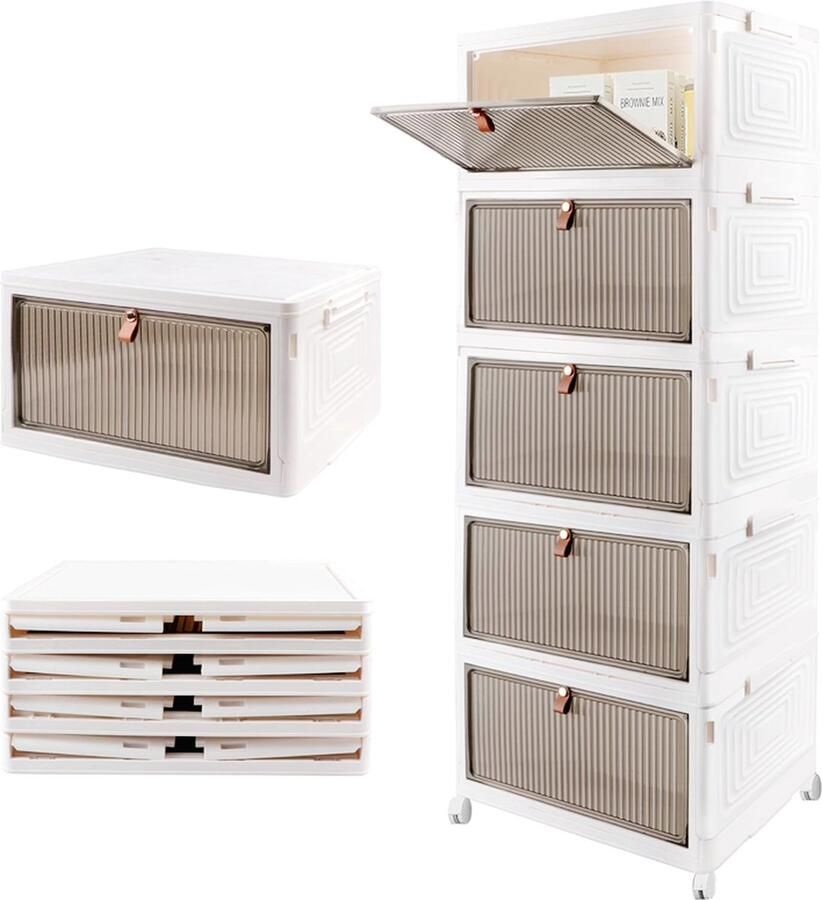 PEAM Opvouwbare Opbergdoos Met 5 Lagen Stapelbare Schoenorganizer Plastic Transparante Stapeldozen Met Deur en Wielen Voor Keuken Kantoor en Woonkamer (Wit 5 Niveaus)