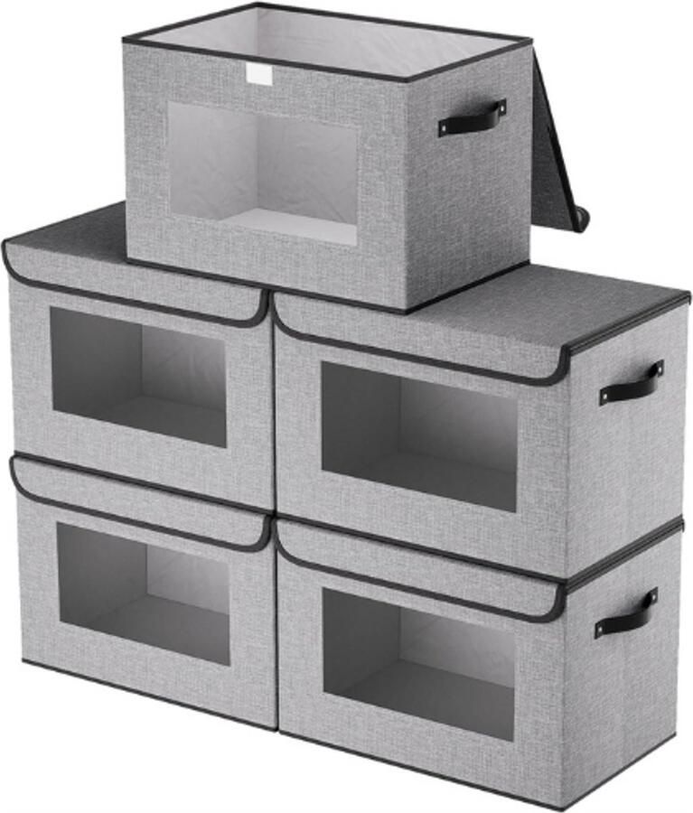 PEAM Opvouwbare Opbergdozen Met Deksel Set Van 5 Opbergkubussen Met Transparant Venster Voor Kleding Schoenen En Meer 33x23x20 Cm Grijs
