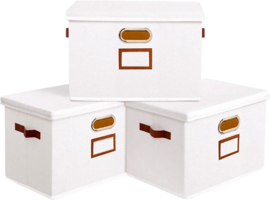 PEAM Opvouwbare-Opbergdozen-Met-Deksel-Witte-Organizer-Set-Van-3-Stoffen-Opbergmanden-32x23x20-Cm-Ideaal-Voor-Planken-En-Thuisgebruik