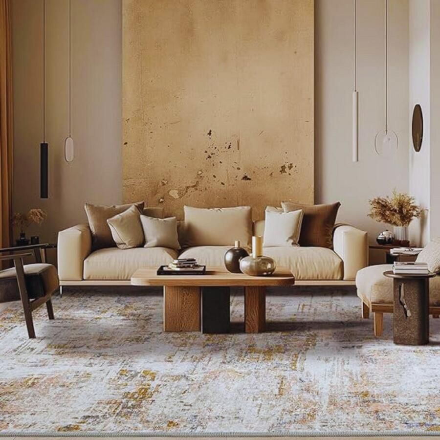 PEAM Patchwork Vloerkleed 200x300 Cm – Modern & Laagpolig – Antislip En Wasbaar – Stijlvol Design Voor Woonkamer Slaapkamer & Eetkamer – Gouden Morgen