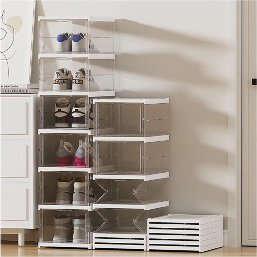PEAM Plastic Schoenenorganizer Stapelbare En Opvouwbare Schoenenorganizer Met 6 Niveaus Voor De Kast Transparante En Ruimtebesparende Vakken Voor Sneakers Geen Montage Vereist