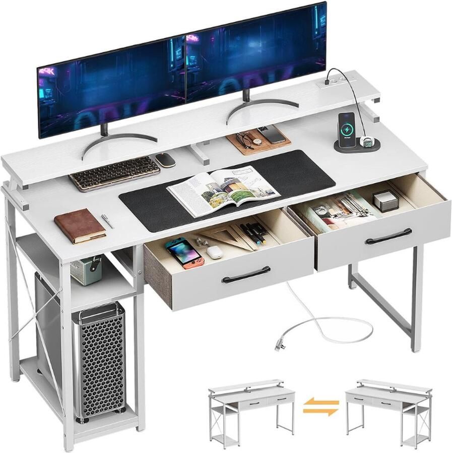 PEAM Praktisch Bureau Met 2 Laden Stopcontacten En USB-Oplaadpoorten – Ideale Computertafel Met Monitorstandaard En Planken (Wit 120 x 50 x 90 cm)