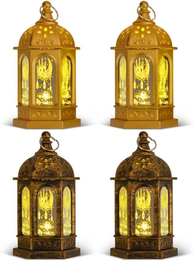 PEAM Ramadan Decoratieve Lantaarn 4 Stuks Gouden Ramadan Decoratieve Lampen Eid Mubarak Decoratie LED Warm Wit Hangende Windlichten voor Tafeldecoratie Thuis Tuin Moslimfestival Decoratie