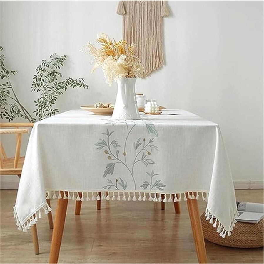 PEAM Rechthoekig Wasbaar Tafelkleed Katoenen Linnen Tafelkleed Anti-Rimpel Met Kwastjesontwerp Stoffen Tafelkleed Voor Keuken Eetkamer Buiten Tafelblad 140 X 180 CM