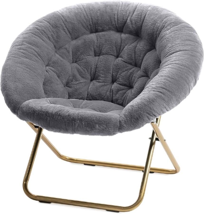 PEAM Relaxstoel Cozy Stoel Voor Woonkamer Of Slaapkamer Opvouwbare Klapstoel Met Grijze Vacht En Gouden Metalen Poten