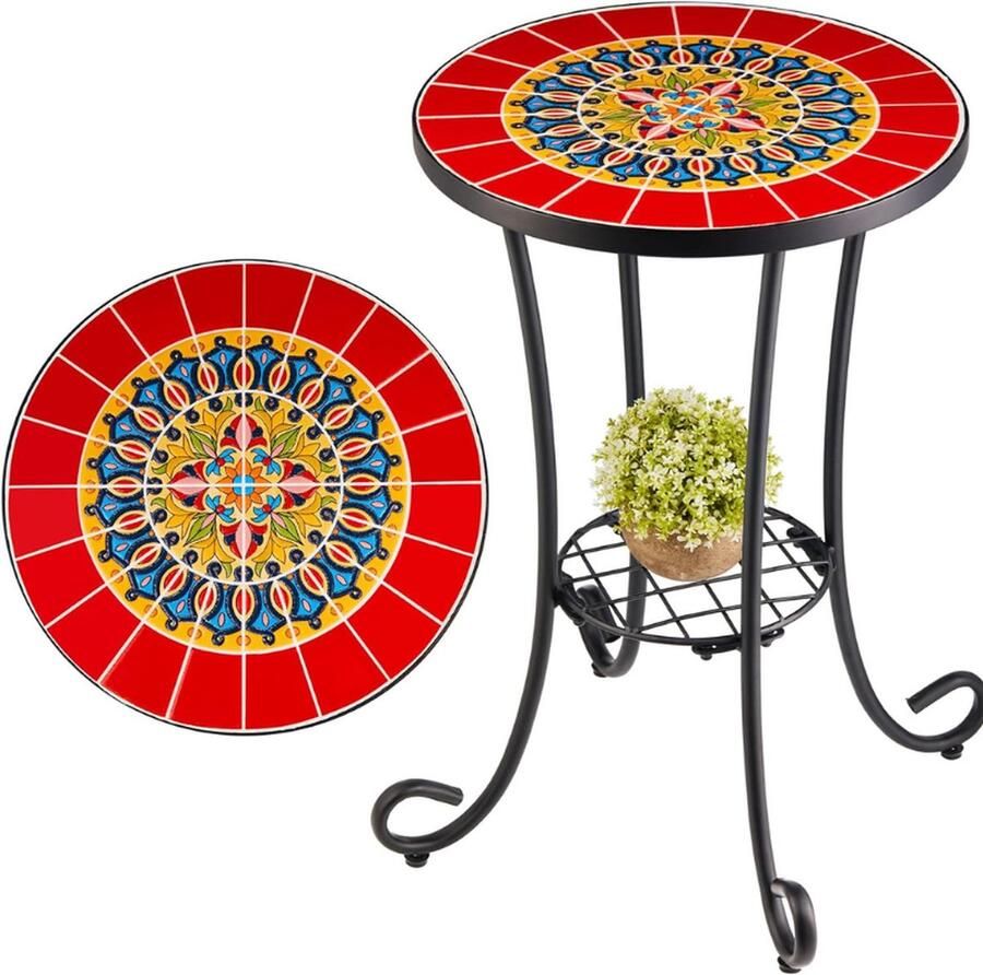 PEAM Retro Mozaïek Bijzettafel Met Bloemenmotief Stijlvolle Metalen Salontafel En Plantenstandaard (35.5 x 54.5 Cm) Unieke Accessoire Voor Elke Ruimte