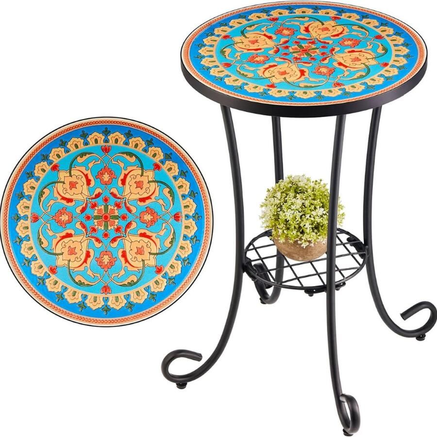 PEAM Retro Ronde Mozaïek Bijzettafel Met Bloemenmotief Stijlvolle Metalen Salontafel En Plantenstandaard (35.5x54.5 Cm) in Rood En Blauw
