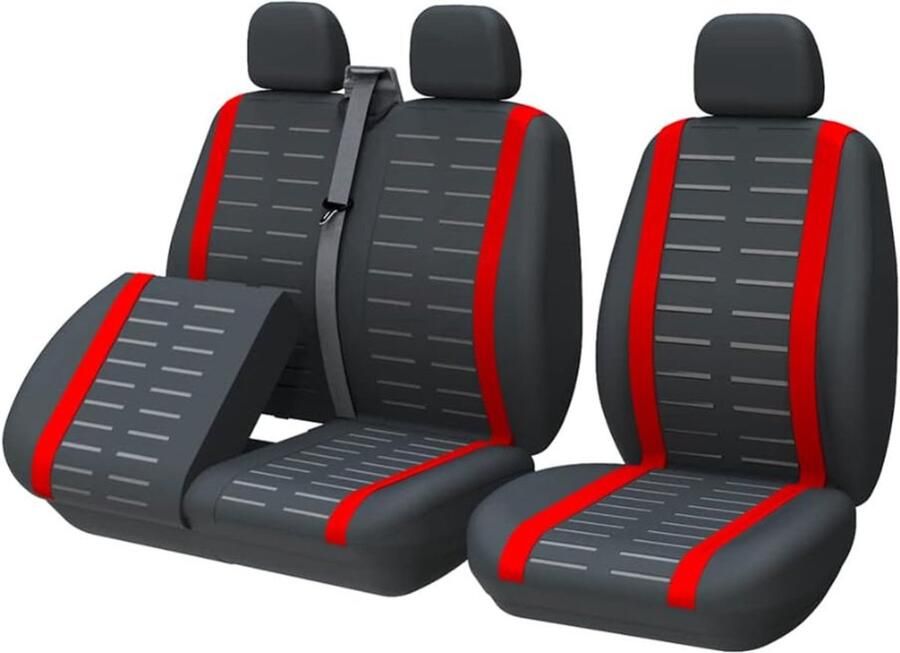 PEAM Rode Stoelhoezen Voor Bestelwagens En Vrachtwagens – 2+1 Set Met Aparte Bankbodem En Toegang Tot Onderstoelopslag – Geschikt Voor Enkel En Dubbel Zitplaatsen