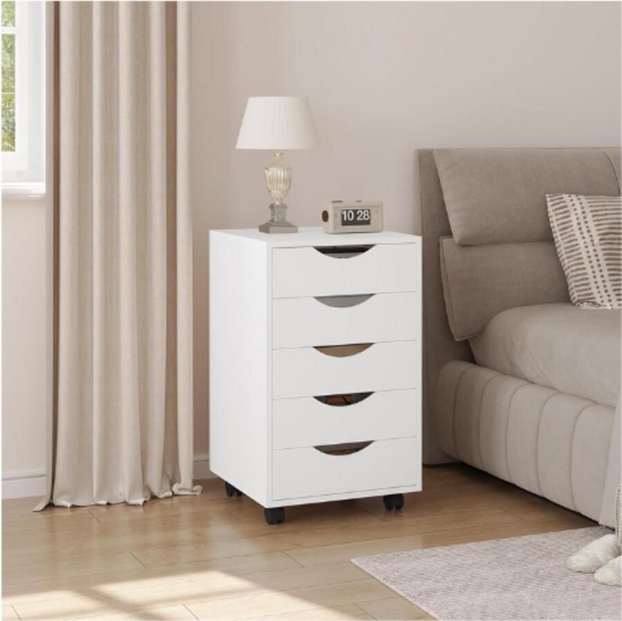 PEAM Rolcontainer met 5 Laden Mobiele Archiefkast met Wieltjes Ladekast voor Kantoor en Thuis Bureaucontainer en Bureau-Onderkast Wit (40 x 66 5 x 40 cm)