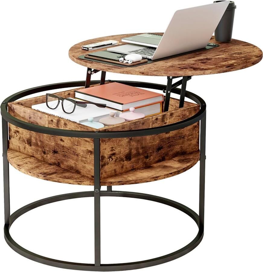 PEAM Ronde Houten Salontafel Met Lifttop Moderne Bruine Tafel Met Verborgen Opbergruimte Stijlvol Woonkamermeubel
