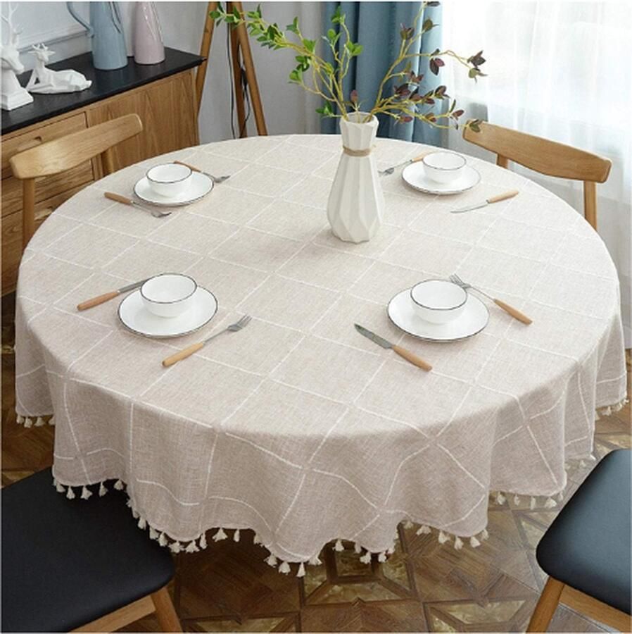 PEAM Ronde Kwastje Plaid Tafelkleed Zware Gewicht Katoen Linnen Tafelhoes Voor Keuken Eettafel Decoratie Beige 48 Inch Rond