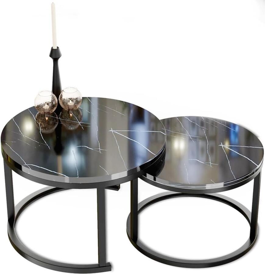 PEAM Ronde Salontafel Set Van 2 Zwart Marmerlook Met Metalen Frame Modern Design Voor Woonkamer Slaapkamer & Balkon Ø70 & Ø50