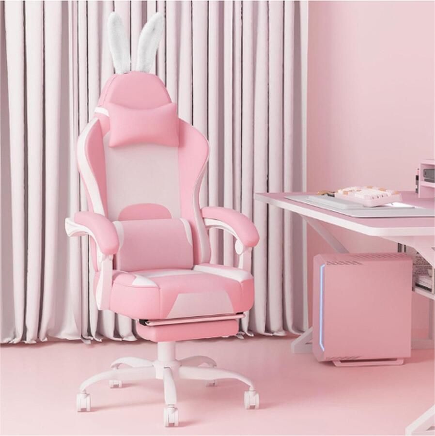 PEAM Roze Gaming Stoel Computerstoel Met Voetensteun Kawaii Gaming Stoel Voor Volwassen Meisjes Dames Kind Hoge Rug En Konijnenoor En Lendensteun Geschenk 150kg (Roze-Wit)