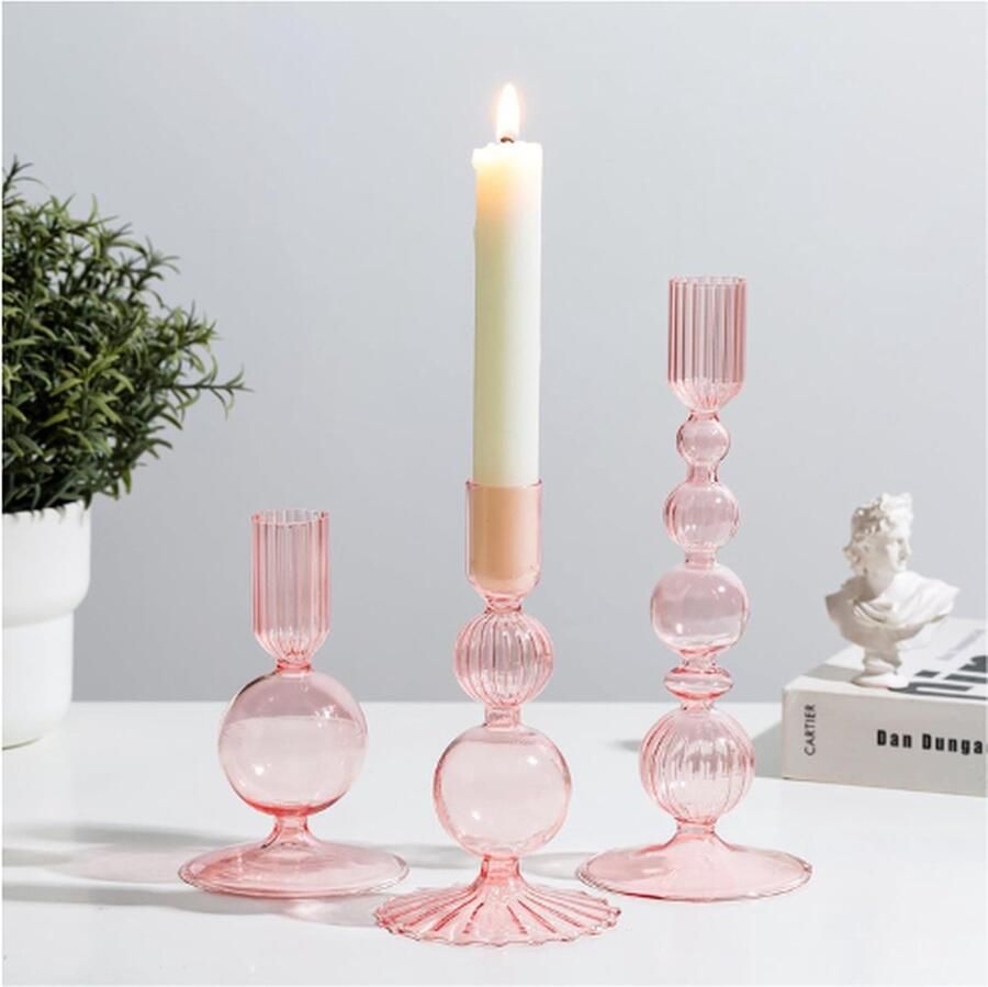 PEAM Roze Glazen Kandelaarhouders Set Van 3 Kandelaars Houder Gekleurde Taper Kaarshouder Voor Home Decor Bubbel Kaarshouders Voor Kandelaar Kaarsen Kerst Tafel Decoraties