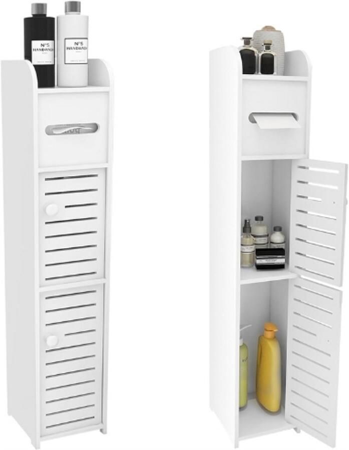 PEAM Ruimtebesparend Badkamermeubel Smalle Hoge Kast Vrijstaand Wit Toiletrolhouder Kleine Toiletkast 17 x 15 x 78 cm