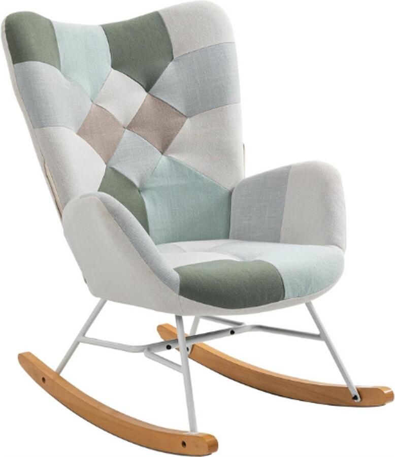 PEAM Scandinavische Schommelstoel Comfortabele Borstvoedingsstoel Patchworkstof Massief Houten Metalen Poten 69x85x97cm