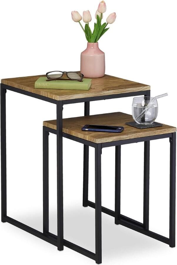 PEAM Set Van 2 Bijzettafels Industrieel Design Vierkante Tafels In Houtkleur En Zwart Metaal (Mimiset Met Twee Groottes)