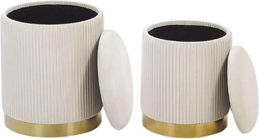 PEAM Set van 2 Krukken met Opbergruimte Fluweel Zitting Ronde Make-uptafel Krukken Opbergkruk voor Woonkamer Slaapkamer Kinderkamer Badkamer 2 Maten Crème