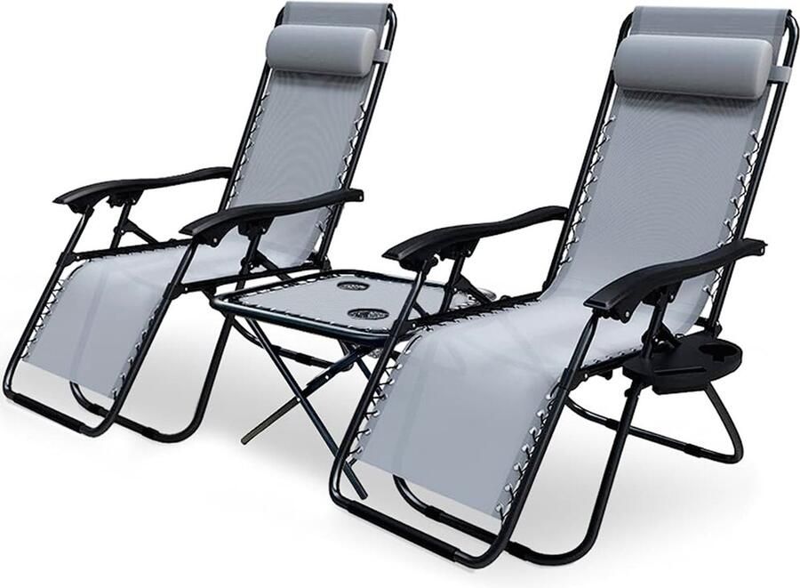 PEAM Set Van 2 Ligstoelen Met Inklapbare Tafel En Bekerhouder Opvouwbare Tuinstoelen Van Textiel Ligstoelen Met Hoofdbekleding Max. 120 KG Grijs