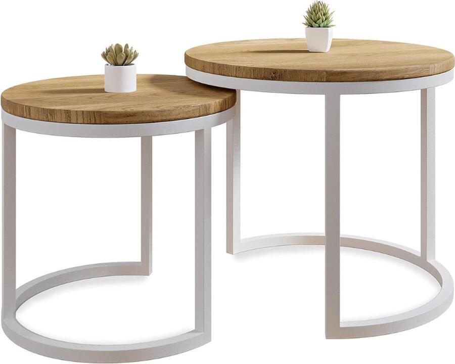 PEAM Set Van 2 Ronde Salontafels Modena Handgemaakt Van Massief Natuurlijk Eikenhout Met Modern Minimalistisch Industrieel Design (Ø50x43 Cm Ø40x38 Cm)